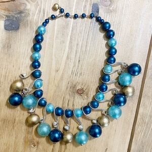 Vintage Beaded Necklace Teal Gold‎ Metal Japan Deco